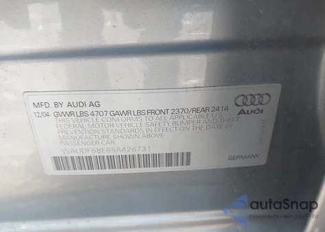 2005 Audi A4 2.0T из США, поврежденный, VIN WAUDF68E65A426731